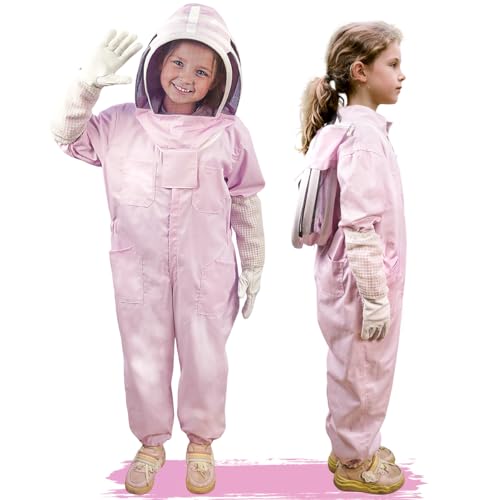 Pink Kids Bee Suit Bee Suits for Kids and Girl Full Body Kid Beekeeping Suit with Veil Hood and Glove Children Beekeeper Bee Costume 100% Cotton Skin Breathable for Family Backyard Gifts Halloween