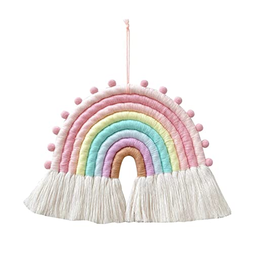 Makramee Regenbogen, Regenbogen Deko Kinderzimmer, Wandbehang Home Decoration, Boho Wandteppiche Tapisserie (Rosa)