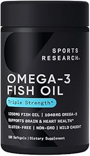 Sports Research Triple Strength Omega 3 Fish Oil - Burpless Fish Oil Supplement w/EPA & DHA Fatty Acids from Wild Alaskan Pollock - Heart, Brain & Immune Support for Men & Women - 1250 mg, 180 ct