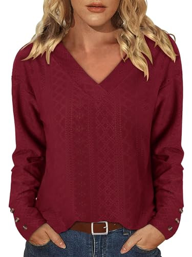 KISSMODA Long Sleeve Fall Shirts For Women V Neck Tunic Tops Embroidered Button Down Knitted Blouses 2025