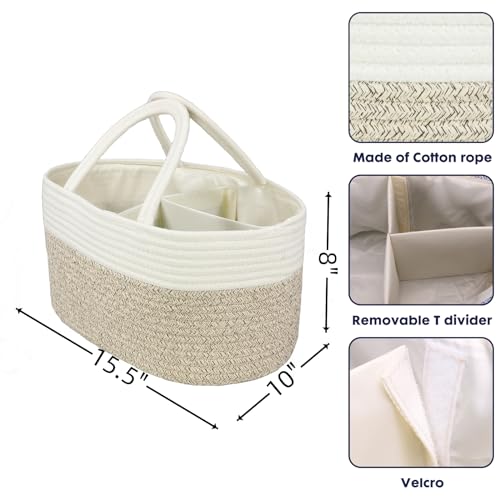 Image of XUANGUO Large Cotton Rope Baby Diaper Caddy Organizer Basket White Brown