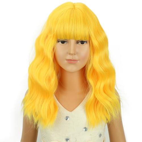 Image of Deep Yellow Wig short Yellow Wavy Curly Wigs Wig with Air Bangs Synthetic Cosplay Hair Wigs