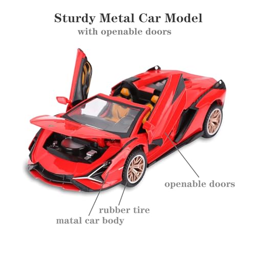 Image of 1:32 Open Lamborghinii Sian Diecast Toy Car Metal Pull Back Vehicle with Openable Doors Lights & Sound Collectible Gift Toy for Kids Boys & Girls Fun & Realistic Design (Red)
