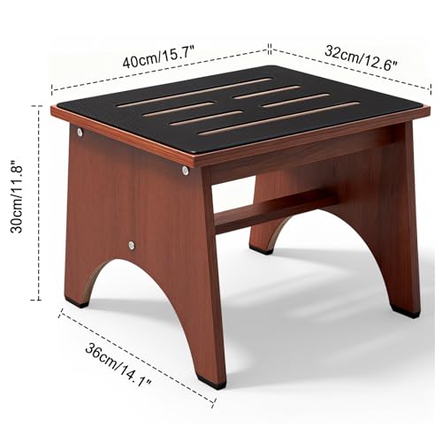 Image of One Step Stool for Adults Seniors with Non-Slip Rubber Stepping Feet, Heavy Duty Wooden Step Stool, Portable Bed Steps for High Beds (Brown, 12 Inch)