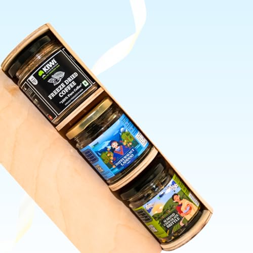 Image of Kiwi Kisan Window Coffee & Sweet Treats Delight- Freeze Dried Coffee (50g), Date & Walnut Laddoo (100g), Almond Chocolate Brittle (100g)-1 Each-Diwali Gift Hamper