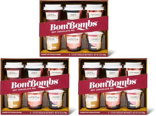 Image of Bombombs Hot Chocolate Mix Gift Set in Mini Cup Packaging, Flavors Include Double Chocolate, French Vanilla, Peppermint, Salted Caramel and More, Set of 6 (Pack of 3)