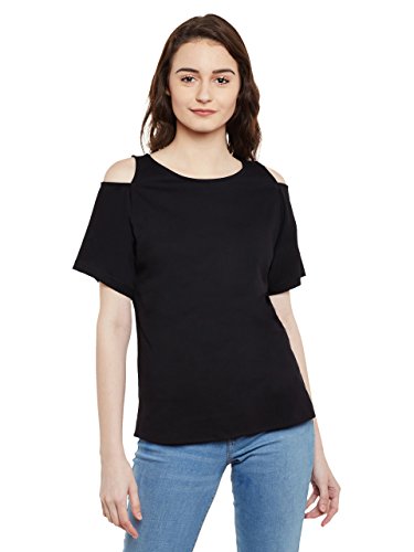 Image of Miss Chase Women's Black Cold Shoulder Round Neck Short Sleeved Solid Top