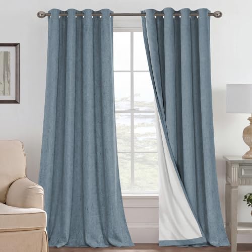 Image of H.VERSAILTEX Blackout Curtains Linen Curtains 120 inches Long 100% Black Out Curtains for Bedroom Windows, Textured Linen Look Draperies Grommet with White Liner, 2 Panels, Stone Blue
