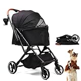 Pet Stroller for Small Medium Dogs Cats Up to 45 lbs, Travel Lite Collapsible, All Terrain 4 Wheels for Jogging, Running, Black