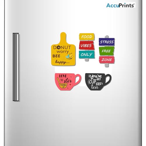 Image of Accuprints Set of 5 Fridge Magnet Printed MDF | Wooden Tea Food Quotes Funny & Multipurpose | Office Magnets Magnetic Stickers for Refrigerator | House Warming Gift Item