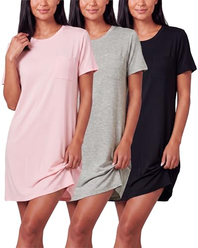 Image of Real Essentials 3 Pack: Women's Short Sleeve Nightgown Dress - Nightshirt Pajama Sleep Shirt Sleepwear (Available In Plus)