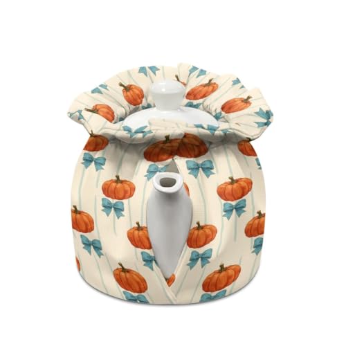 Image of Fall Pumpkin Tea Cosy for Kitchen Keep Warm Blue Bow Tea Kettle Dust Cover for Home Party Easy to Install Teapot Covers Gift for Fall