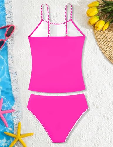 Image of Girls Swimsuit Solid Color Tankini Contrast Trim Swimwear 2 Piece Bathing Suit Padded Swimsuits for Teens 9-16Y