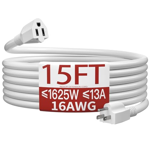Image of 16 /3 Indoor Extension Cord 15 FT, White Extension Cord Flexible & Durable, 3 Prong Power Cable, Suitable for Home and Office, 13 Amp 1625 Watt 125VAC 16AWG, ETL Listed