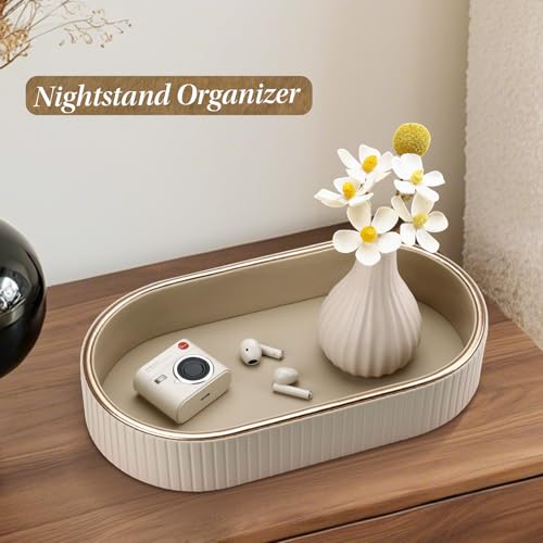 GORESE PU Leather Perfume Tray Nightstand Organizer, Small Oval Desk Tray Jewelry Trinket Trays Valet Organizer Key Bowl for Entryway Dresser Bathroom, Catchall Trays for Men Women, 11×5.9 in, Beige by GORESE - Image 3