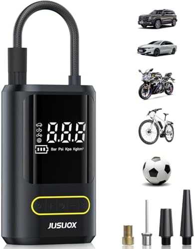 JUSUOX Tire Inflator Portable Air Compressor, Electric Bike Pump with Digital Pressure Gauge, 150 PSI Cordless Air Pump for Car Tires, Motorcycle, Bicycle, Ball with Auto Shutoff, LED Light