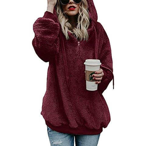 Lomon Ladies Teddy Coats Stylish Warm Loose Casual Fluffy Jacket Autumn Winter Warm Zipper Sweatshirt Women (Wine Red,S) Cover