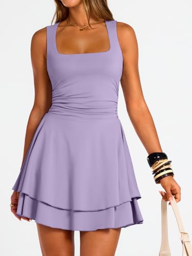 Image of Trendy Queen Women's Square Neck Summer Party Flowy Ruffle Hem Ruched Waist Mini Dress