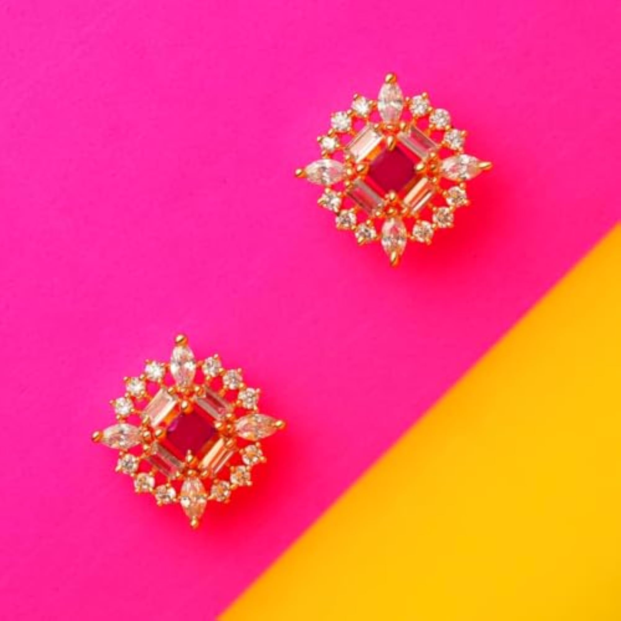 Radiant Pink White Zircon Stud Earrings for Women