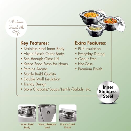 Image of Signoraware Royal Bliss BPA Free Plastic Casserole Set| Inner Steel & Outer Plastic| Safe & Durable Gifting Set| Ideal for Storing Chapatti, Rice & Curries (1L+ 1.5L+ 2L| Setof3| Black)