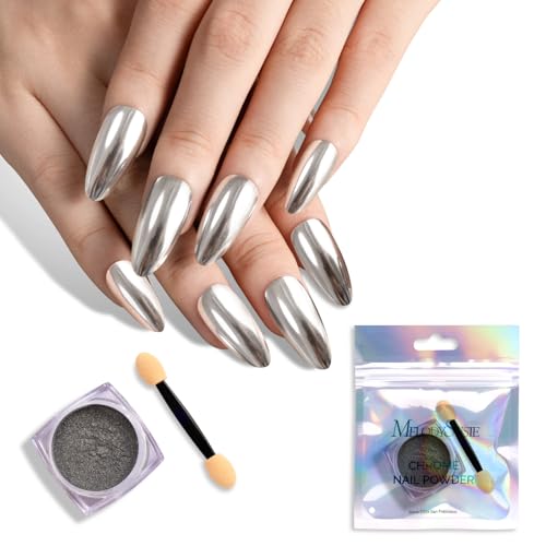 MelodySusie Sliver Chrome Nail Powder for Gel Nails,Metallic Mirror Effect Pigment Stylish and Technological Silver Fine Glitter for Home DIY Salon Use
