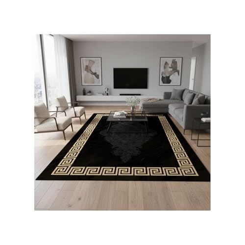 Melis Home Tapis Moderne Noir et doré à Motifs grecs, Lavable, imprimé numérique, 7 mm, antidérapant, Salon, Chambre