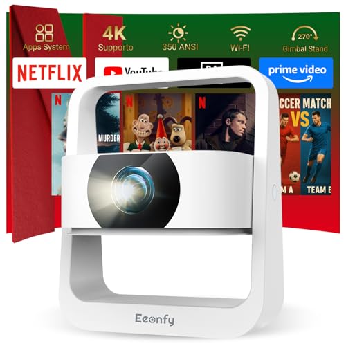 [App Integrata] Eeenfy Venus V1[2.0] Proiettore Android Portatile con 350ANSI, 4K Supporto, E-Focus/Keystone, WiFi Bluetooth, Videoproiettore per Esterni/Home Cinema, Bianco