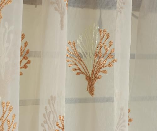 Image of littlelotus Floral Embroidery Tissue Net Sheer Transparent Curtains for Door 9 feet Long Set of 2, Cream