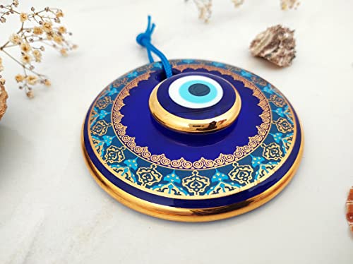 Erbulus Handmade Blue 11 cm Glass Turkish Gold Evil Eye Hanging with Extra Gold Charm & Ornate Pattern for Home Entrance, Nazar Battu Protection Amulet for Good Luck & Prosperity – Wall Decor