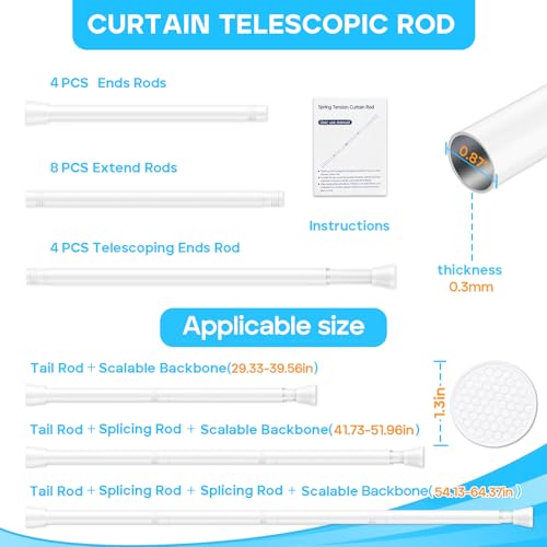 Image of MEXAU 4 Pack White Tension Curtain Rod for Windows 33 To 59 Inch White Tension Rod 7 /8 inch Adjustable Spring Curtain Rod No Drilling Tension Shower Curtain Rods for Closet Doorways