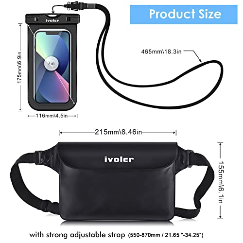 ivoler Tasche Beutel Bauchtasche Schutzhülle mit wasserdichte Handyhülle, Universal, mit Handytasche für Wassersport, Strand, Schwimmen, Bootfahren (Schwarz)