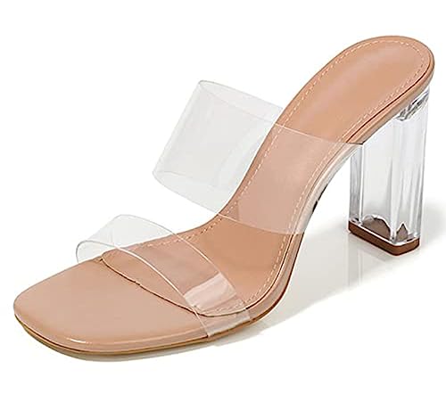 CRETUAO Sandalias de tacón Cristal Transparente para Mujer,Zapatillas Bloque con Punta Abierta y Dos Correas a la Moda,Zapatos Boda Fiesta Elegantes Dama Honor Etiqueta Banquete,Transparente,39 EU