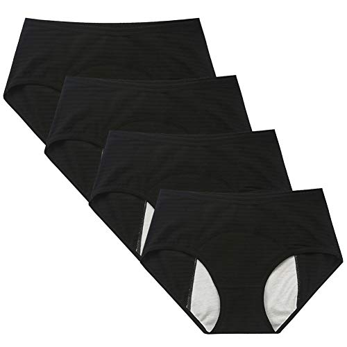 Teen Girl's Cotton Menstrual Period Panties Pack of 4pcs Women Leak-Proof Protective Underwear Briefs (Small, 4Blacks-Breathable Style)