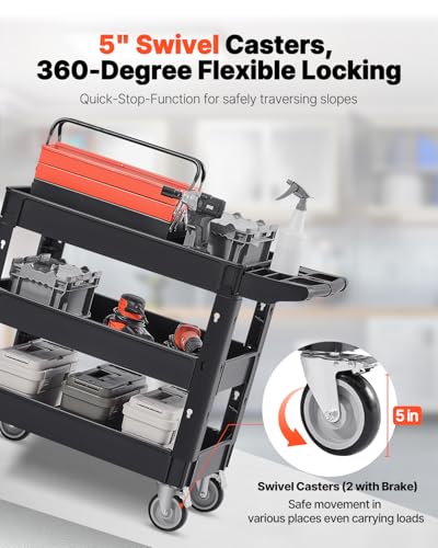 Image of VEVOR Utility Cart, 3-Tier Plastic Service Cart with 550LBS Capacity, 360 Swivel Casters (Including 2 Locking Wheels), Medium Lipped Shelves, Ergonomic Handle, for Garage, Warehouse, Cleaning Tasks | Utility Cart with 360 Swivel Casters (2 Locking Wheels) & Ergonomic Handle, Rolling Cart for Garage, Warehouse & Cleaning