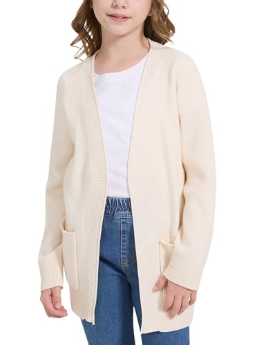 Image of WULFUL Girls Long Sleeve Cardigan Kids Casual Open Front Oversized Sweater with Pockets