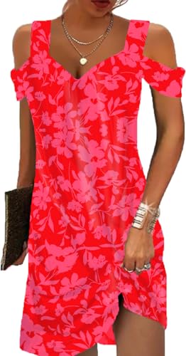 Image of Summer Dresses for Women 2026 Cold Shoulder V Neck Vintage Print A-Line Dress Beach Vacation Boho Mini Sundress