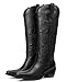 Pasuot Western Cowboy Boots for Women - Knee High Wide Calf Cowgirl Boots, Slip On Pointed Toe Chunky Heel Fashion Retro Classic Pull On Tall Boot for ladies Party concert Black US 9