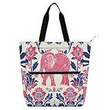 sanluoli Bolsa para libros para niños, niñas y mujeres, estilo bohemio, simple, azul melocotón, con diseño de elefante azul melocotón, bolsa de compras con cremallera para la escuela y el tiempo de