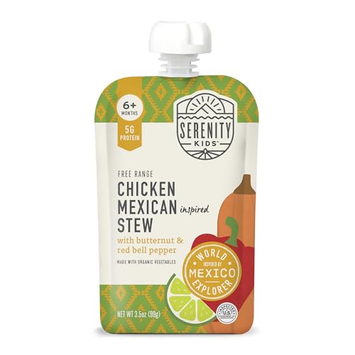 Image of Serenity Kids Chicken Stew Baby Food Pouches, 5g Protein, 3.5 Oz, 12 Pack | 5g Protein, Organic Squash & Chicken, No Added Sugar, Savory Chicken Stew, Baby Snacks & Toddler Food