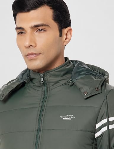 Image of Qube By Fort Collins Men's Nylon Standard Length Regular Fit Quilted Bomber Jacket with Detachable Hood - Winter Warm, Insulated Lining, Ribbed Cuffs, and Stylish Design