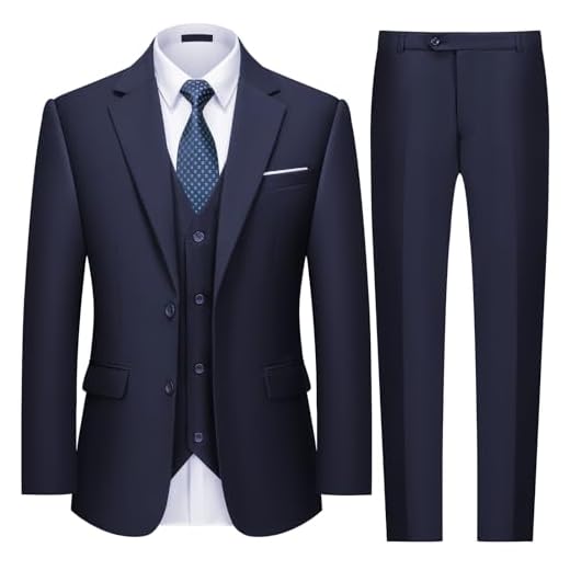 MAGE MALE Terno masculino de 3 peças slim fit, conjunto de terno de smoking para formatura e casamento, blazer de dois botões, colete e calça com gravata, Azul marinho, PP