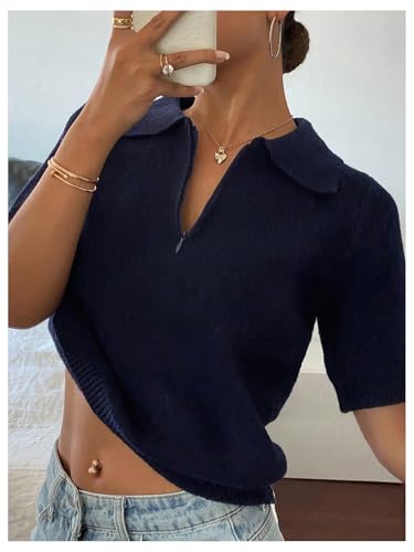MakeMeChic Women's Old Money Short Sleeve Sweater Half Zip Collared Knit Pullover Tops2