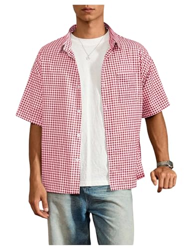 GORGLITTER Mens Plaid Button Up Crop Top Shirt Gingham Short Sleeve Tee Shirts Red and White Large