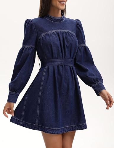 Denim Dress for Women Puff Long Sleeve, Mock Neck Babydoll Jean Mini Dress with Tie and Pocket2