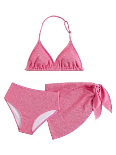 Image of SHENHE Girl's 3 Pieces Halter Triangle Bikini Sets Spaghetti Strap Swimsuit Smocked Bathing Suit with Beach Skirt