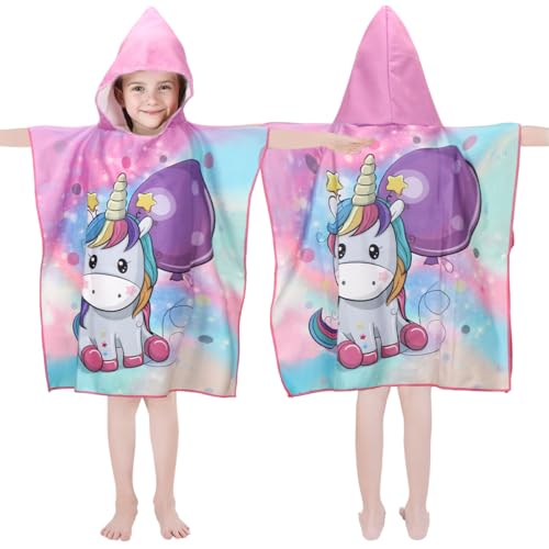 Poncho de baño para niños con capucha, toalla de microfibra con unicornio, toalla de baño absorbente para niñas, piscina, toalla de playa para niñas y niños pequeños (altura del niño: 85 – 110 cm)