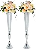 2 Set Trumpet Vases for Centerpieces Vases for Living Room, (22'/56cm H) Tall Vase Wedding Centerpieces for Tables, Flower Stand and Wedding Table Decorations Silver Centerpieces for Party. (DKS56)