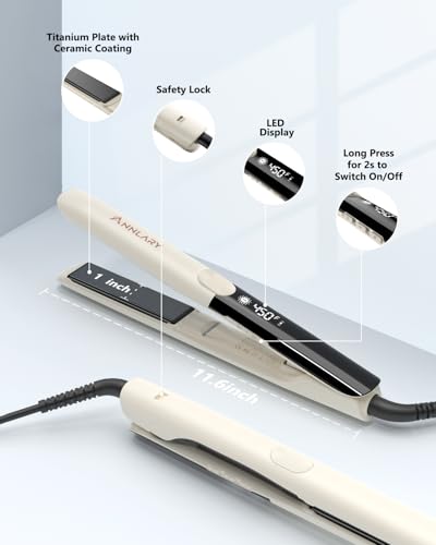 Image of Annlary Hair Straightener 1 Inch Flat Iron and Curler 2 in 1 Titanium Ceramic Ionic Dual Voltage Straightener with Heat-Resistant Silicone, for Less Frizz, Shinier & Smoother