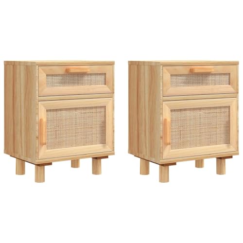 vidaXL 2X Tables de Chevet Tables de Nuit Armoires de Chevet Armoires de Lit Meubles de Chambre à Coucher Marron Bois Pin Massif et Rotin Naturel