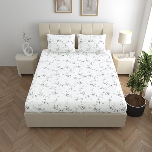 Image of LINENWALAS 100% Cotton Fitted Bed Sheet for Single Size Bed, Printed All Around Elastic Bedsheet (36 x 78 Inches) with 1 Pillow Covers | 210 TC Soft, Breathable, Luxury Bedsheet (Vineyard), White